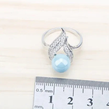 Elegant Lady Ring Earrings Bracelet Necklace 925 Silver Jewelry Set Exquisite Wheat Ear Sky Blue Gem Pearl Party Jewelry Wedding Engagement Set Jewelry Anniversary Gift Ring Size 5-11