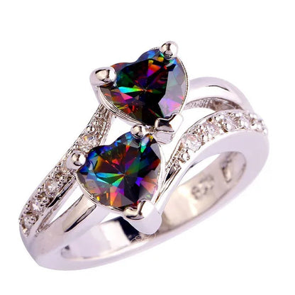 Fashion Lover Jewelry Heart Cut Rainbow & White Topaz Gemstone Silver Ring Size 5 6 7 8 9 10 11 12 13 HANNAH MARTIN