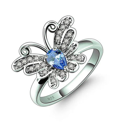 Jewelry 925 Sterling Silver Rainbow Topaz Filled Butterfly Ring for Teen Girls 4*6mm pear shaped high quality lab-created amethyst sapphire Pink gemstone Rings