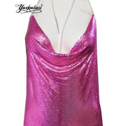 Club Women Party Dress Kendall Jenner Metal Mesh Spaghetti Strap Sheath Draped Hollow Out Spark Diamonds Neck Halter