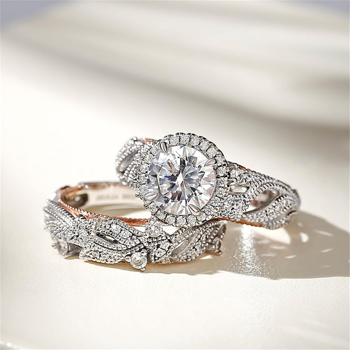 4 Carat Openwork Ring Sets for Women 925 Sterling Silver Wedding Sets Rose Gold round Cut Halo Engagement Ring White Diamond Band CZ Solitaire Anniversary Promise Rings