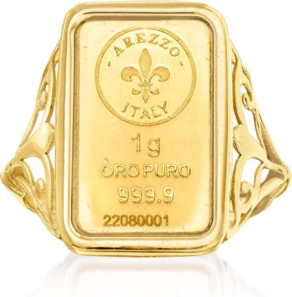 Italian 24Kt Yellow Gold Fleur-De-Lis 1-Gram Ingot Ring with 14Kt Yellow Gold Band. Size 5