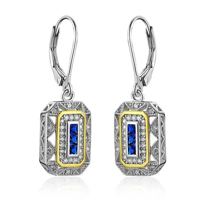 Retro 925 Sterling Silver Blue Sapphire Gemstone Newshe Drop Dangle Earrings Art Deco-style White Cubic Zirconia Leverback Earrings CZ Charm Woman Jewelry Gift