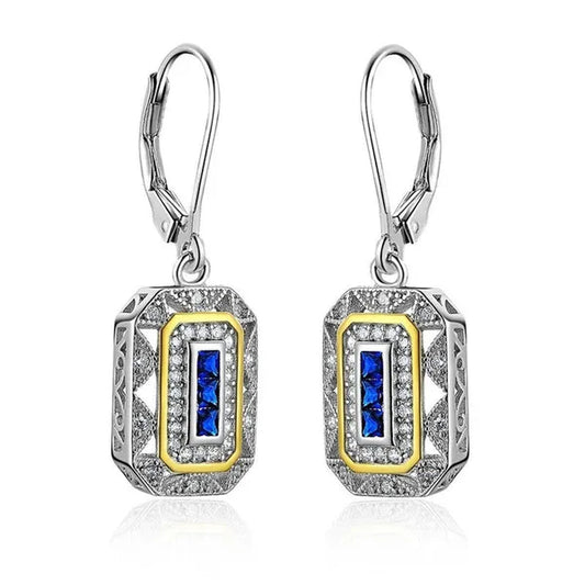 Retro 925 Sterling Silver Blue Sapphire Gemstone Newshe Drop Dangle Earrings Art Deco-style White Cubic Zirconia Leverback Earrings CZ Charm Woman Jewelry Gift