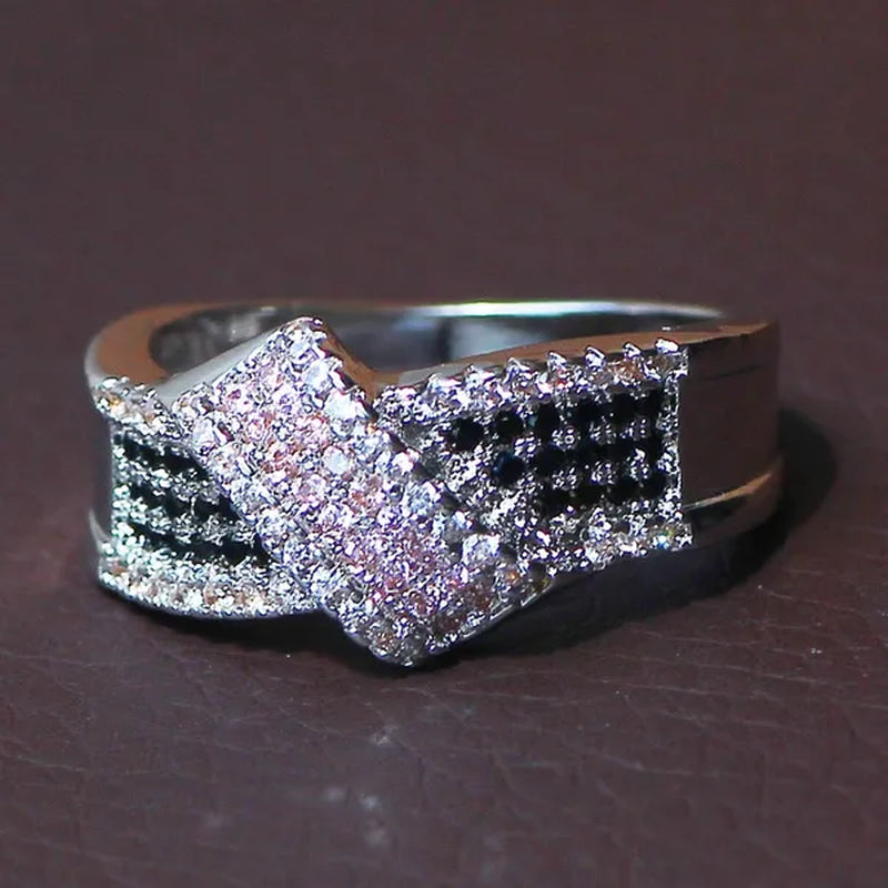Elegant  Silver Pink Sapphire and Black Sapphire Natural Stone Birthstone Gemstones Engagement Wedding Anniversary Bride Women Square Ring Size 6 7 8 9 10