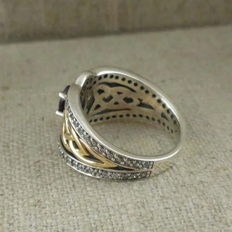 Vintage Women's Fashion Two Tone  Silver & Gold Red Ruby & Blue Sapphire Celtic Ring Anniversary Gift Engagement Bridal Wedding Jewelry Rings Size 5-10