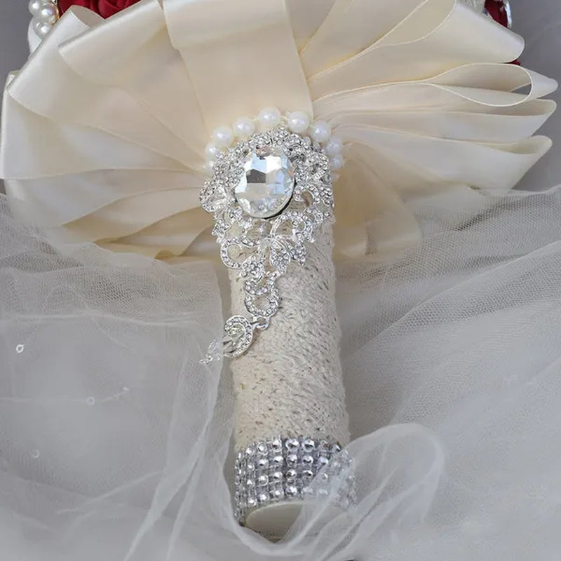 20CM Mixed Color Silk Ribbon Rose Wedding Flower Bouquet Luxury Pearl Crystal Brooch Bridal Bouquet Handmade Creative Bridesmaid Holding Flowers