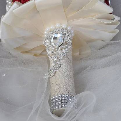 20CM Mixed Color Silk Ribbon Rose Wedding Flower Bouquet Luxury Pearl Crystal Brooch Bridal Bouquet Handmade Creative Bridesmaid Holding Flowers