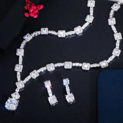 CANDICE Fashion Modern Bridal Party Jewelry White Cubic Zirconia with Exquisite Red Stone Square Drop Necklace Earrings Set for Brides