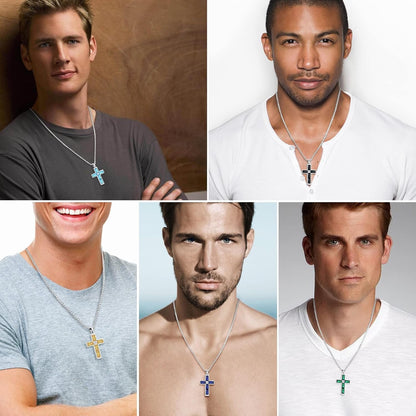Birthstone Cross Necklace for Men, 316L Stainless Steel with Cubic Zirconia Cross Pendant Necklace for Women, 24Inch Chain Handmade Jewelry