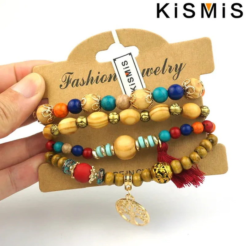 KISMIS 4Pcs/Set Exquisite Fashion Bohemian Bracelet Creative Women's Jewelry Silver Jewelry Tassel Multi Layer Jewelry Bracelet Fashion Jewelry 1 or 2 Sets Optional