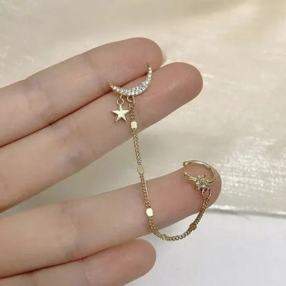New Simple Moon Star Rhinestone Long Chain Earrings Shining Sun Crescent Geometric Tassel Piercing Earrings Ear Bone Clip Jewelry