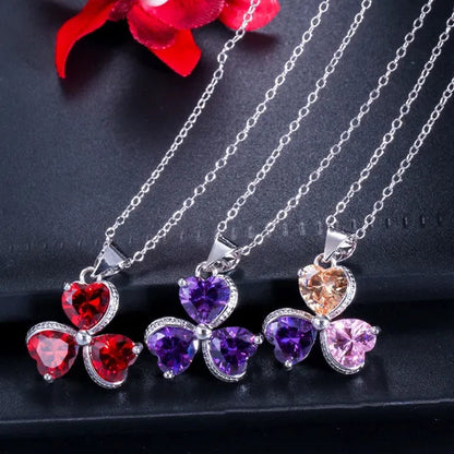 CANDICE Sterling Silver Plated Heart Shape Jewelry Set Pave Austrian Purple Pink Champagne Crystal Drop Dangle Necklace Earrings Ring Sets for Women Girls