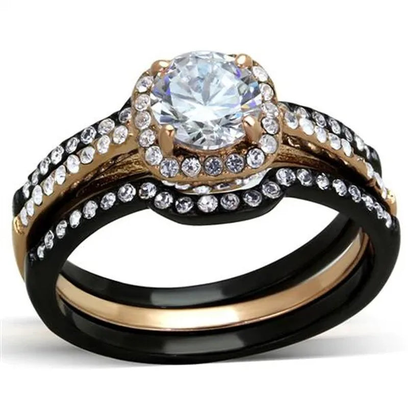 His & Hers 3pc Rose Gold Stainless Steel Wedding Ring Set & Black Titanium Band