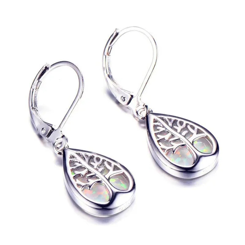 Luxurious Fashion 925 Sterling Silver Filled Life Tree Drop Earrings for Women Water Drop Stone Blue Fire Opal Birthstone Earrings