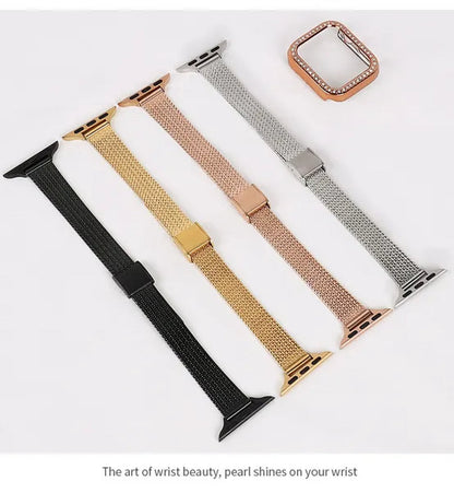 Slim Metal mesh belt Loop+Diamond Case for Apple Watch 7 Band 42mm 44mm Women's Strap on Smart Iwatch Bracelet Series 7 SE 65432 41mm 45mm
