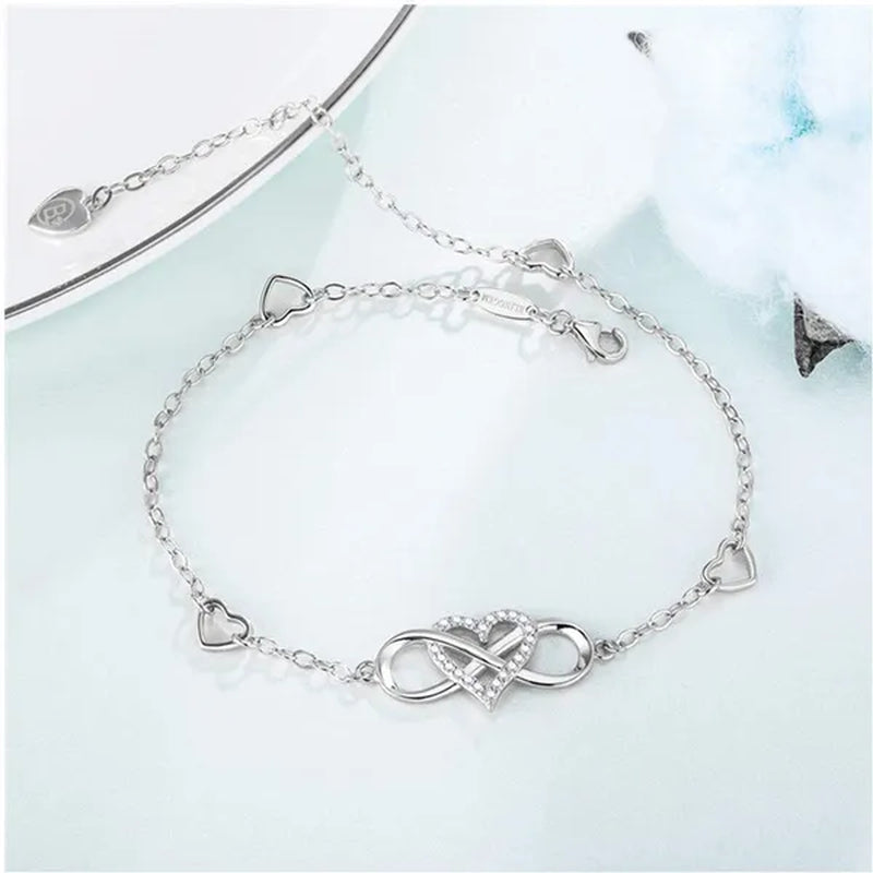 Exquisite Fashion Womens Ankle Bracelet 925 Sterling Silver Anklet Cubic Zirconia Infinity Heart Summer Beach Stylish Chain Adjustable Gift for Women