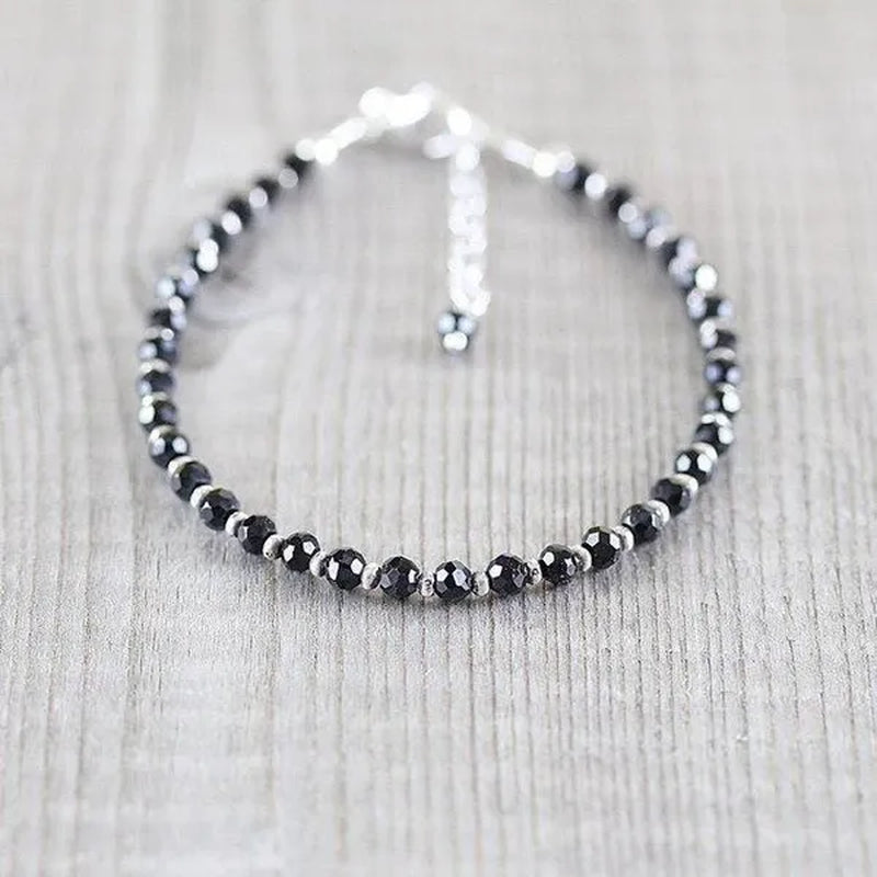 Black Spinel, Sterling & Karen Hill Tribe Silver Bracelet Boho Beaded Gemstone Bracelet Dainty Stacking Bracelet