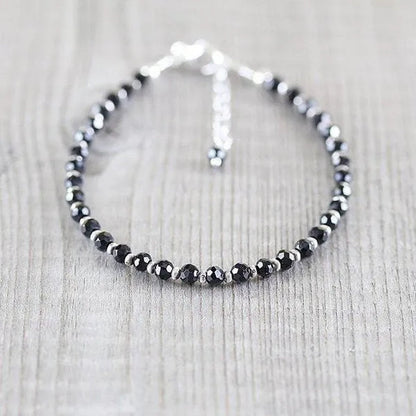 Black Spinel, Sterling & Karen Hill Tribe Silver Bracelet Boho Beaded Gemstone Bracelet Dainty Stacking Bracelet