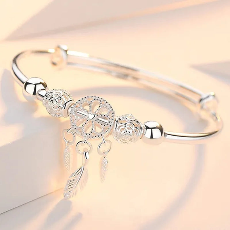 NEW 925 Sterling Silver Dreamcatcher Tassel Feather Round Bead Charm Bracelet & Bangle Earrings for Women Elegant Jewelry Set Gifts