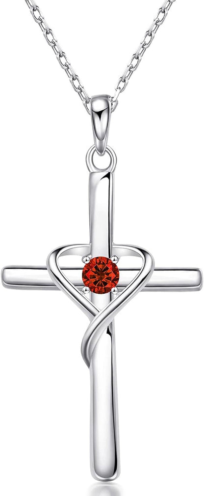 925 Sterling Silver Cross Necklace for Women Men 5A CZ Birthstone Necklaces 14K Gold Plated or Rose Gold Necklace for Easter or Holiday