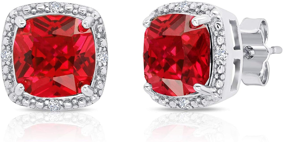 Gemstone and Diamond Accent Halo Cushion Cut Stud Earrings for Women in 925 Sterling Silver 7Mm Birthstone with Push Backs by