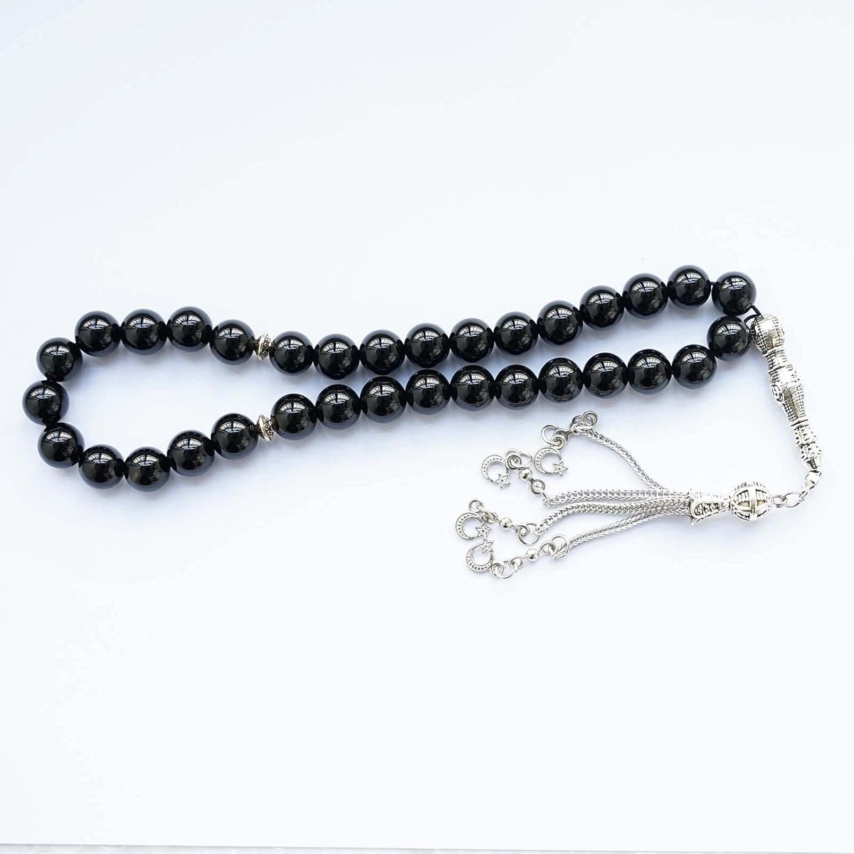 10Mm Tasbih Prayer Beads Natural Black Agate Stone Islamic Misbaha Prayer Rosary Beads Muslim Islam Misbaha Bracelet Moon Tasbeeh Sibha 33 Prayer Beads Hand Bracelets