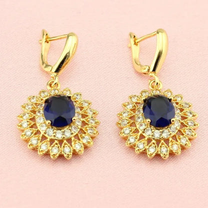 Women's Fashion Flower Shaped Gold Color Jewelry Sets Blue Zircon Earrings Pendant Rings Bracelet