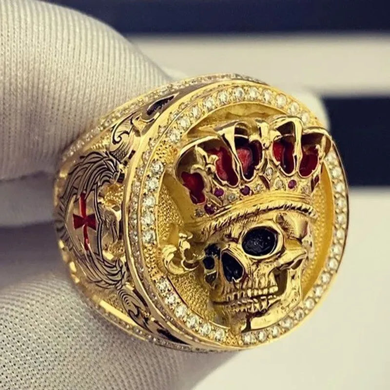 New Fashion Domineering Men's 18K Gold Ring Natural Sapphire Men's Diamond Ring Hand-carved Gold Skull Sea Monster Male Ring Men's Birthday Gift Party Jewelry Size 5-14