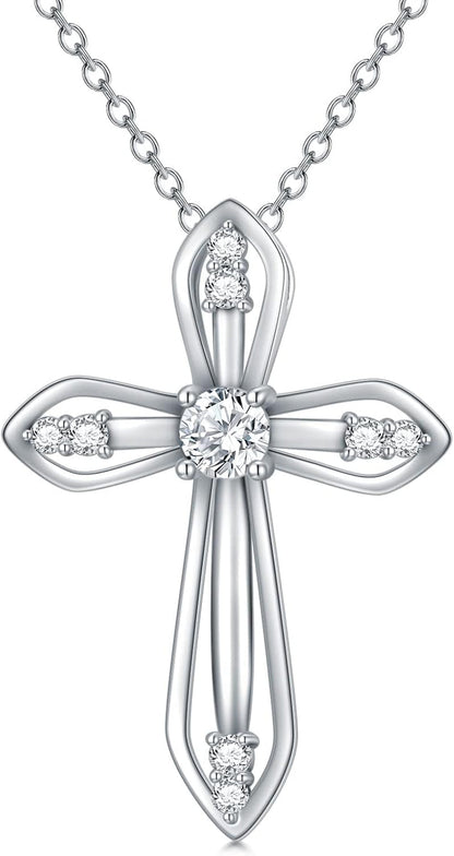 Moissanite Diamond Cross Necklace for Women,18K Gold Plated Sterling Silver Crucifix/Star of David Cross Pendant Necklace Faith Jewelry Anniversary Birthday Christmas Gift for Her Mom Wife, 18+2 Inch