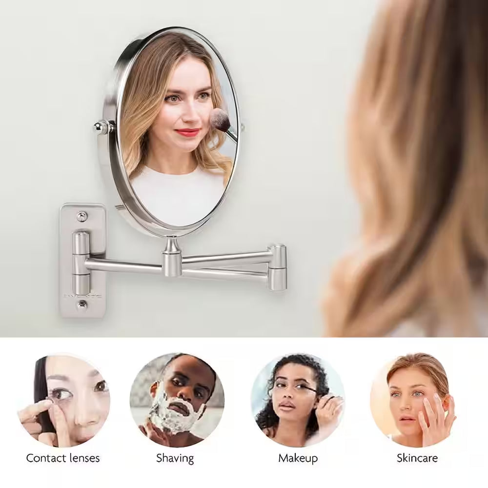 Small round Wall Mounted Nickel Brushed Makeup Mirror (11 In. H X 1.4 In. W), 1X-7X Magnification
