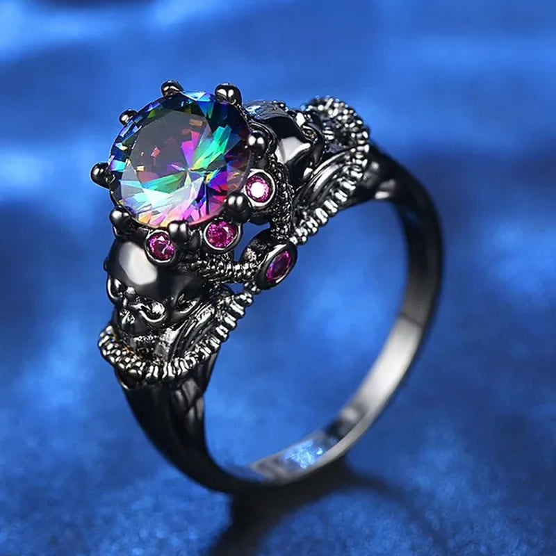 Gothic Style Sterling Silver Skull Ring Black Sapphire/Rainbow Crystal Diamond Punk Jewelry Proposal Birthday Gift Bridal Engagement Band Rings for Men Women Bride Size 6-9
