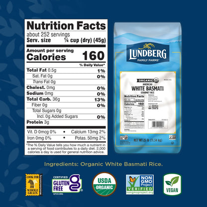 Basmati Rice, Organic Long Grain White Rice - Non-Sticky, Fluffy, Nutty, Aromatic Rice, Vegan Food, Healthy Meals, Gluten-Free Rice Grown in California, 25 Lbs