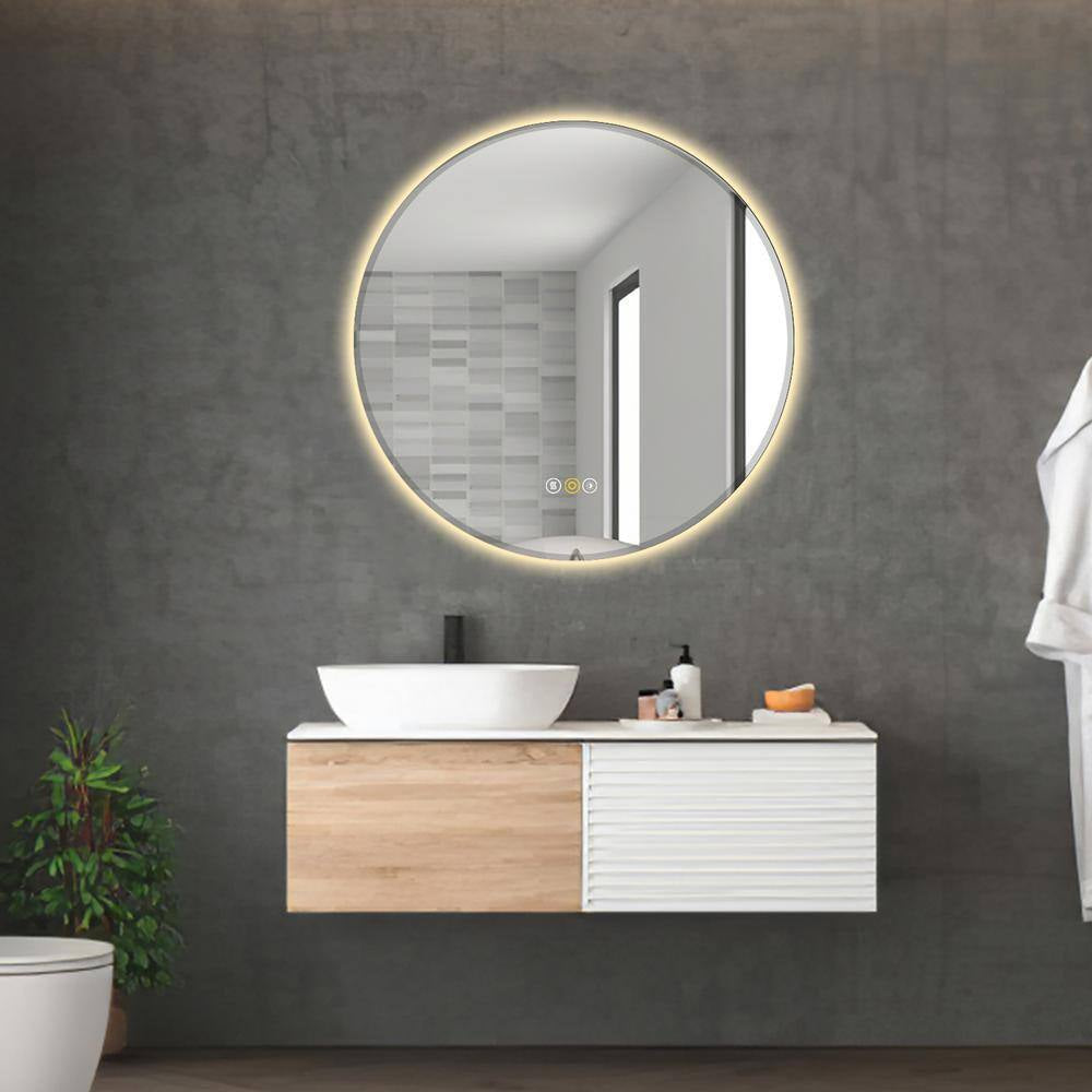 RS 28 In. W X 28 In. H round Beveled Edge 3 Colors Dimmable LED Anti-Fog Memory Wall Mount Bathroom Vanity Mirror