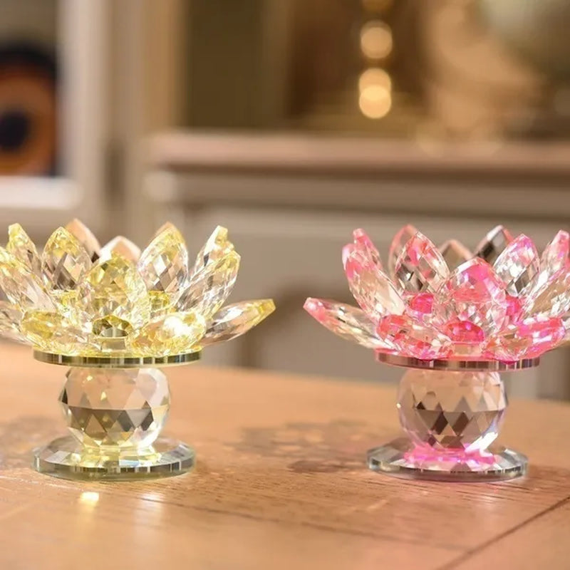 Crystal Glass Lotus  Candle Tea Light Holder Buddhist Candlestick Home Decoration