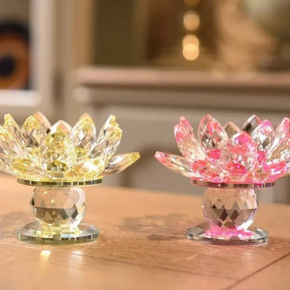 Crystal Glass Lotus  Candle Tea Light Holder Buddhist Candlestick Home Decoration
