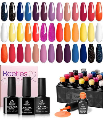 Beetles 23Pcs Gel Nail Polish Kit with Glossy Matte Top Coat and Base Coat Girls Night Collection White Nude Gray Glitters Gel Nail Polish Set U V Soak Off Holiday Manicure for Women Girls