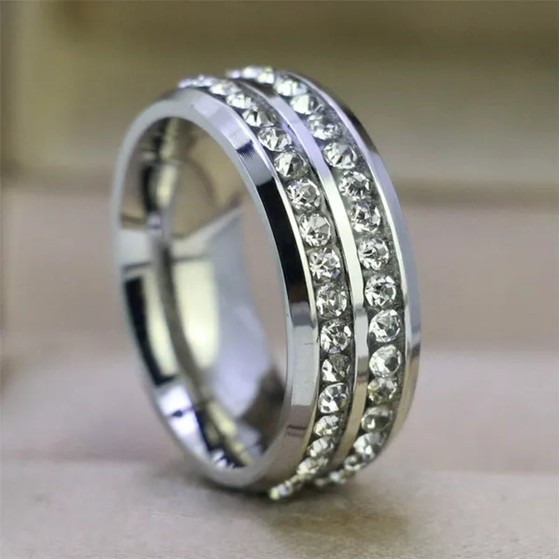 2020 Romantic Couple Jewelry Men's 316 Stainless Steel Double Row Zircon Ring And Ladies Heart Ring Set Couple Ring Bride Wedding Engagement Jewelry(Include: man ring or woman ring)