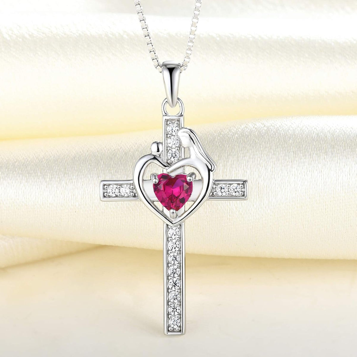 Mom Cross Necklace 925 Sterling Silver Mother Pendant Birthstone Mum Jewelry for Women