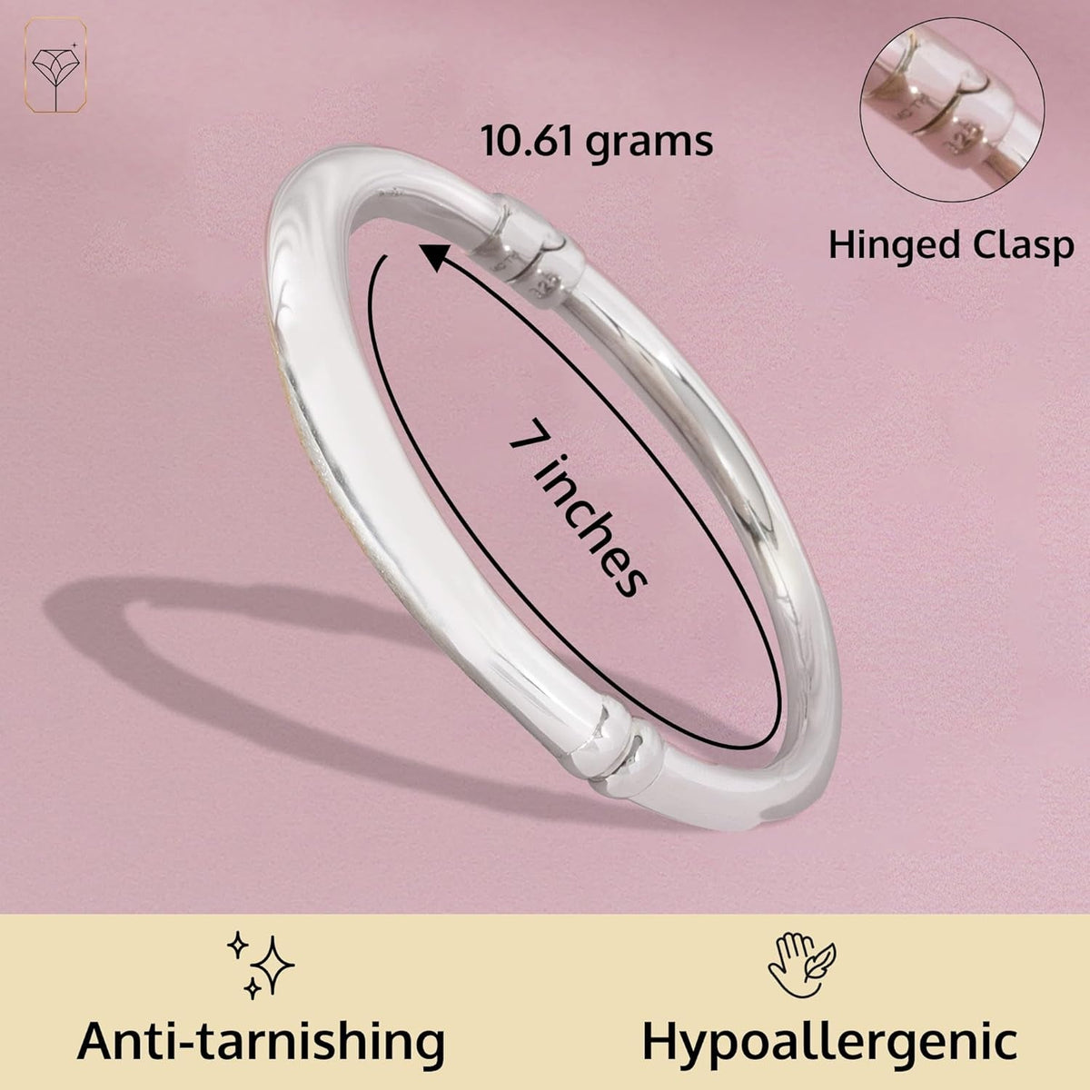 Lightweight Hollow 925 Sterling Silver Bangle Bracelet for Women | 7 Inch Silver Bracelets with Hinged Clasp | Anti-Tarnishing Hypoallergenic Silver Bangles for Women