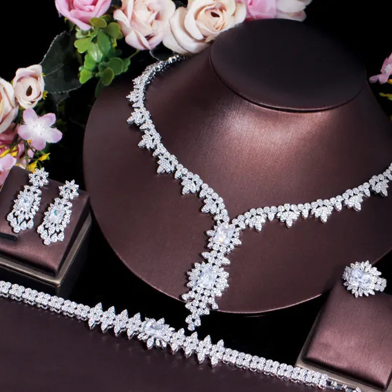 CANDICE High Quality White Gold Plated AAA CZ Women Long Pendant Necklace Earrings Ring Bracelet 4pcs Jewelry Set for Deep V Wedding Party Dress Accessories