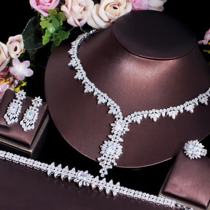 CANDICE High Quality White Gold Plated AAA CZ Women Long Pendant Necklace Earrings Ring Bracelet 4pcs Jewelry Set for Deep V Wedding Party Dress Accessories