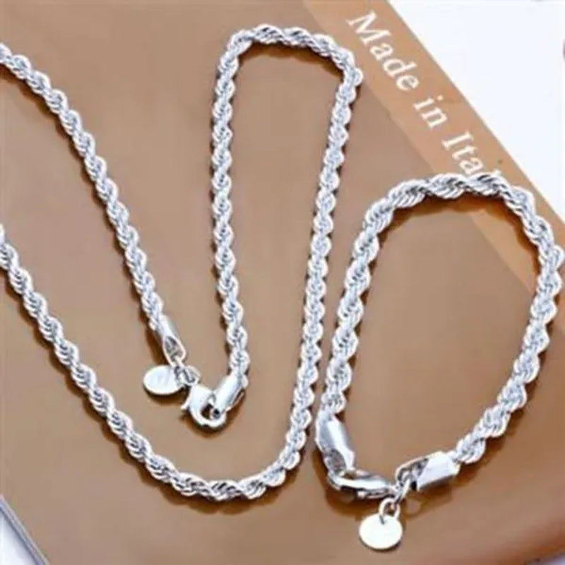 Fashion and Exquisite Men and Women 925 Silver Solid Silver 4Mm Rope Chain Necklace Bracelet (Necklace + Bracelet)