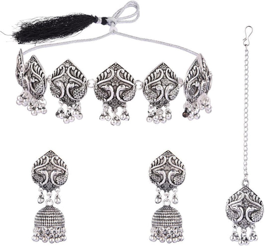 Boho Vintage Antique Ethnic Gypsy Tribal Indian Silver Oxidized Pendant Chain Statement Necklace Jewelry