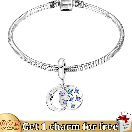 925 Sterling Silver Star Moon Beads Charms Fit Bracelet DIY