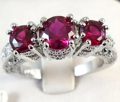 925 Sterling Silver Three Stone Emerald Ruby Sapphire Wedding Piercing Ring