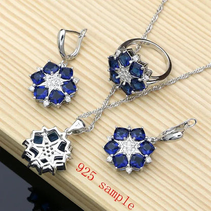 925 Silver Bridal Jewelry Sets Blue Sapphire White Topaz Charm for Women Party Earrings Ring Bracelet Set