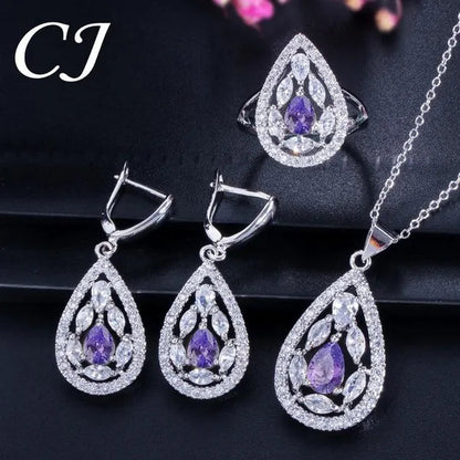 CANDICE Women's Sterling Silver Plated Jewelry Set Summer New Fashion Blue Zircon Necklace Pendant Earrings Ring（US 7-9)