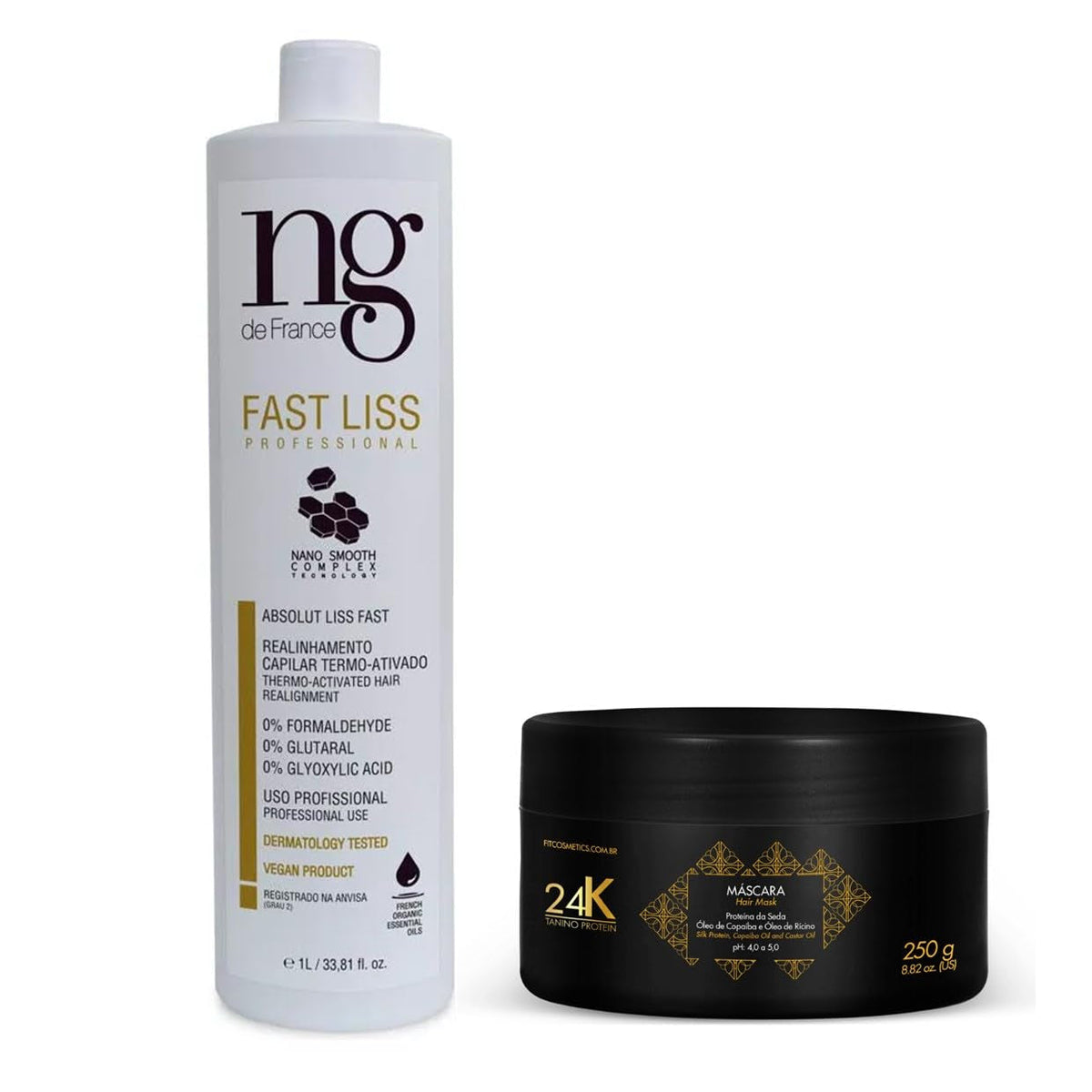 NG De France Vegan Hair Straightening without Formaldehyde Fast Liss Reducer 1000Ml/33.8 Fl.Oz. +  Tanino Protein 24K Vegan Moisturizing Mask 250G/8.82Oz.