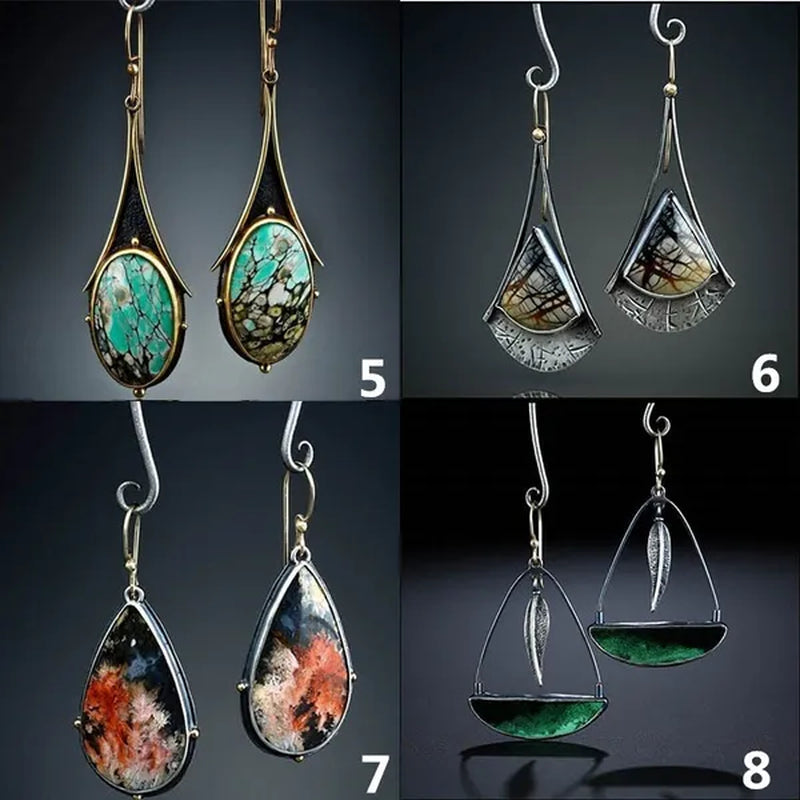1 pair Antique 925 Sterling Silver Pendant Earrings Natural Gemstone Inlay Dangle Earrings Bridal Engagement Wedding Anniversary Gift  Bohemian Style Earrings